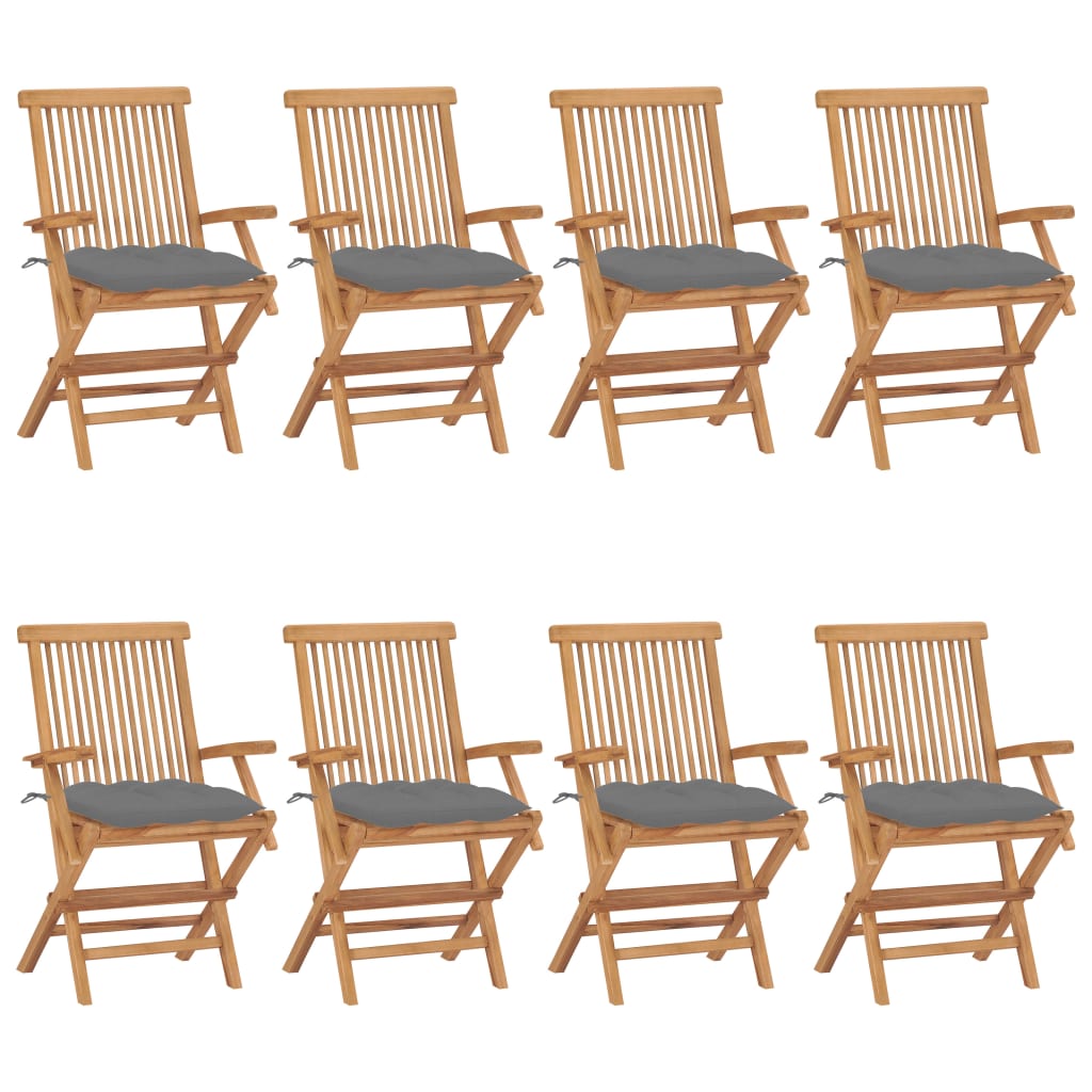 Garden Chairs with Grey Cushions 8 pcs Solid Teak Wood