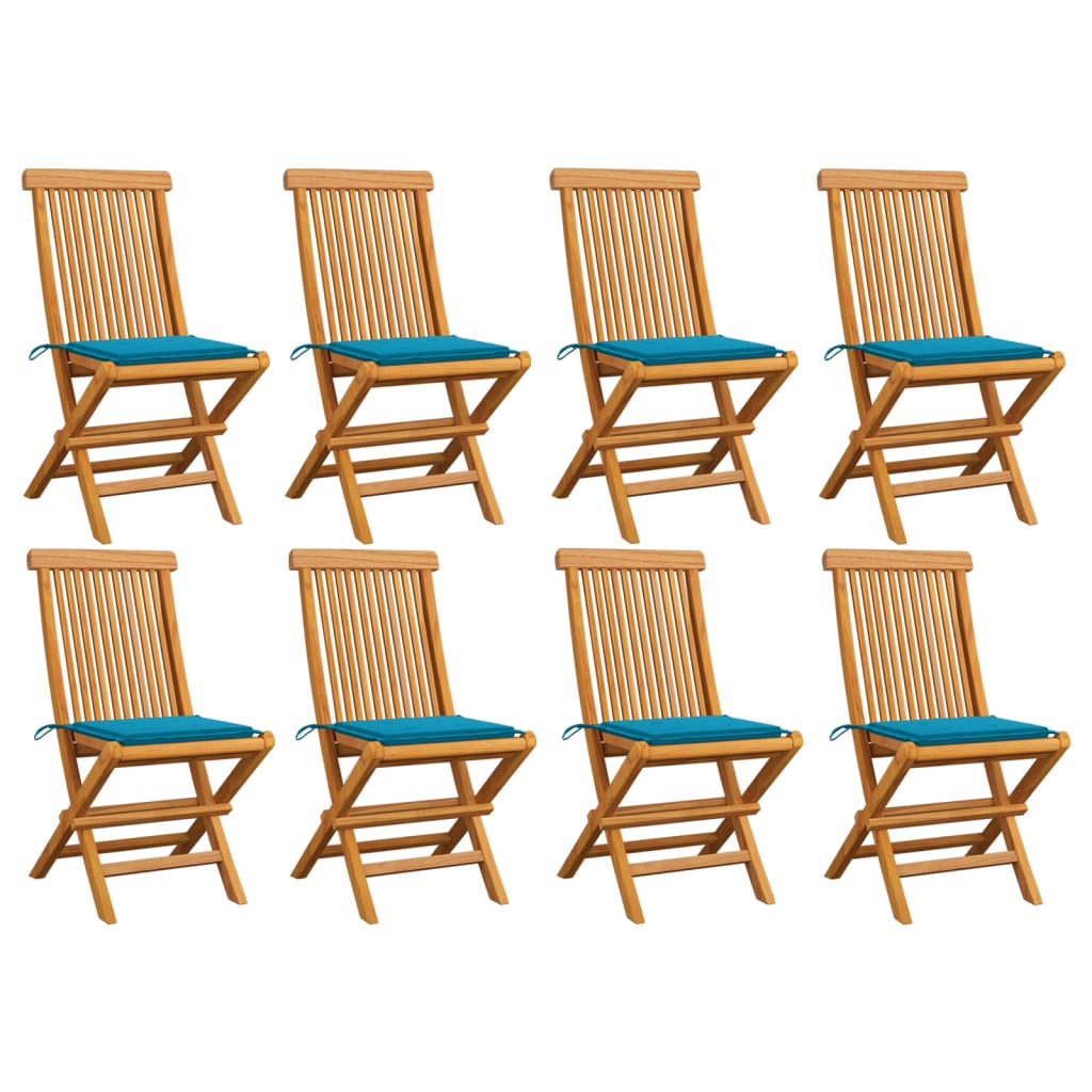 Folding Chairs with Blue Cushions 8 pcs Solid Teak Wood
