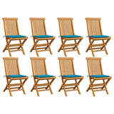 Folding Chairs with Blue Cushions 8 pcs Solid Teak Wood