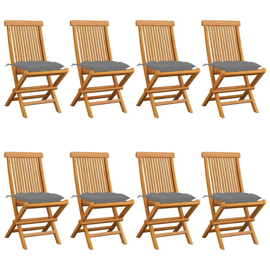 Folding Chairs with Grey Cushions 8 pcs Solid Teak Wood