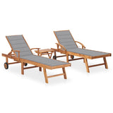 Sun Loungers 2 pcs with Table and Cushion Solid Teak Wood