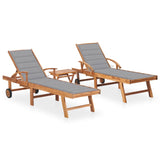 Sun Loungers 2 pcs with Table and Cushion Solid Teak Wood