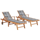 Sun Loungers 2 pcs with Grey Check Pattern Cushion Solid Teak Wood