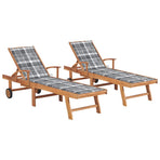 Sun Loungers 2 pcs with Grey Check Pattern Cushion Solid Teak Wood