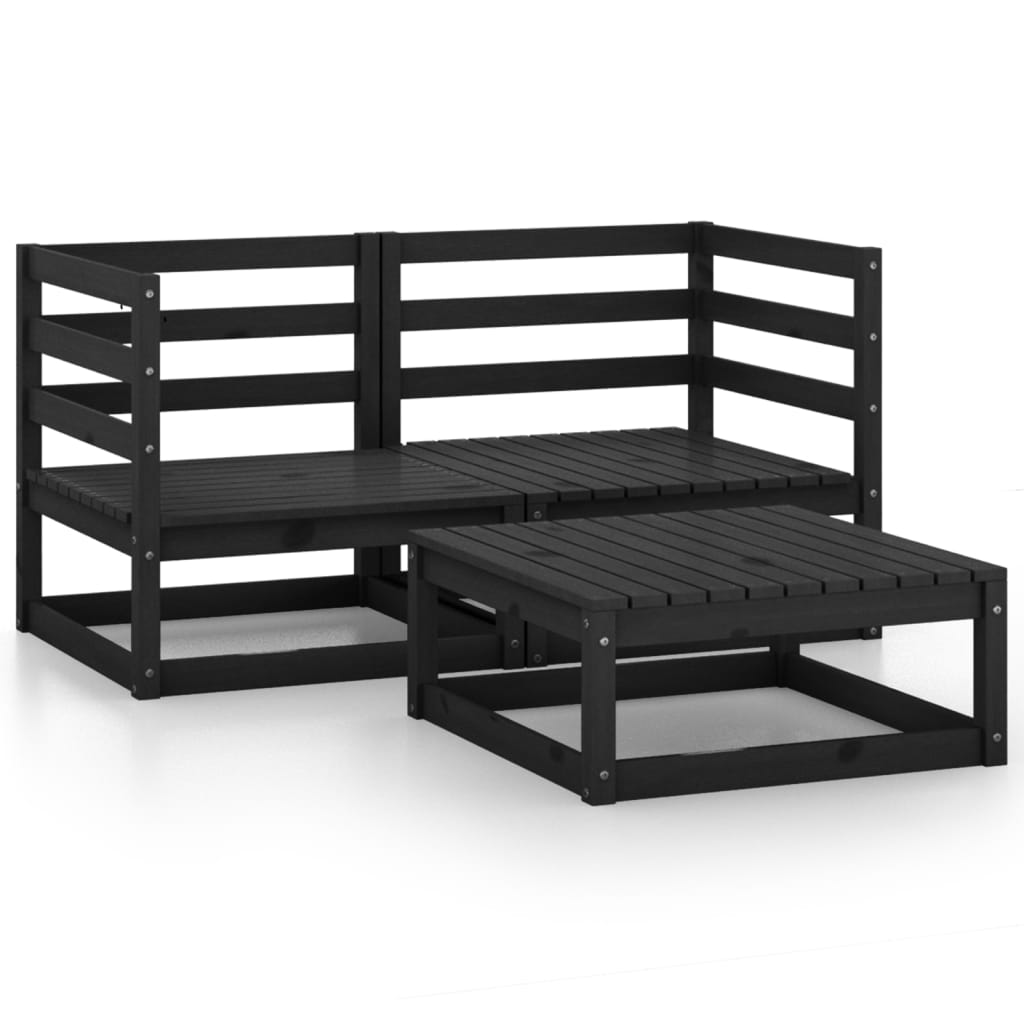 3 Piece Garden Lounge Set Black Solid Pinewood