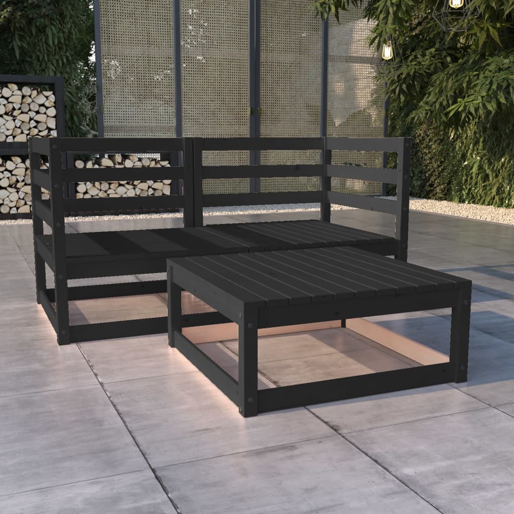 3 Piece Garden Lounge Set Black Solid Pinewood