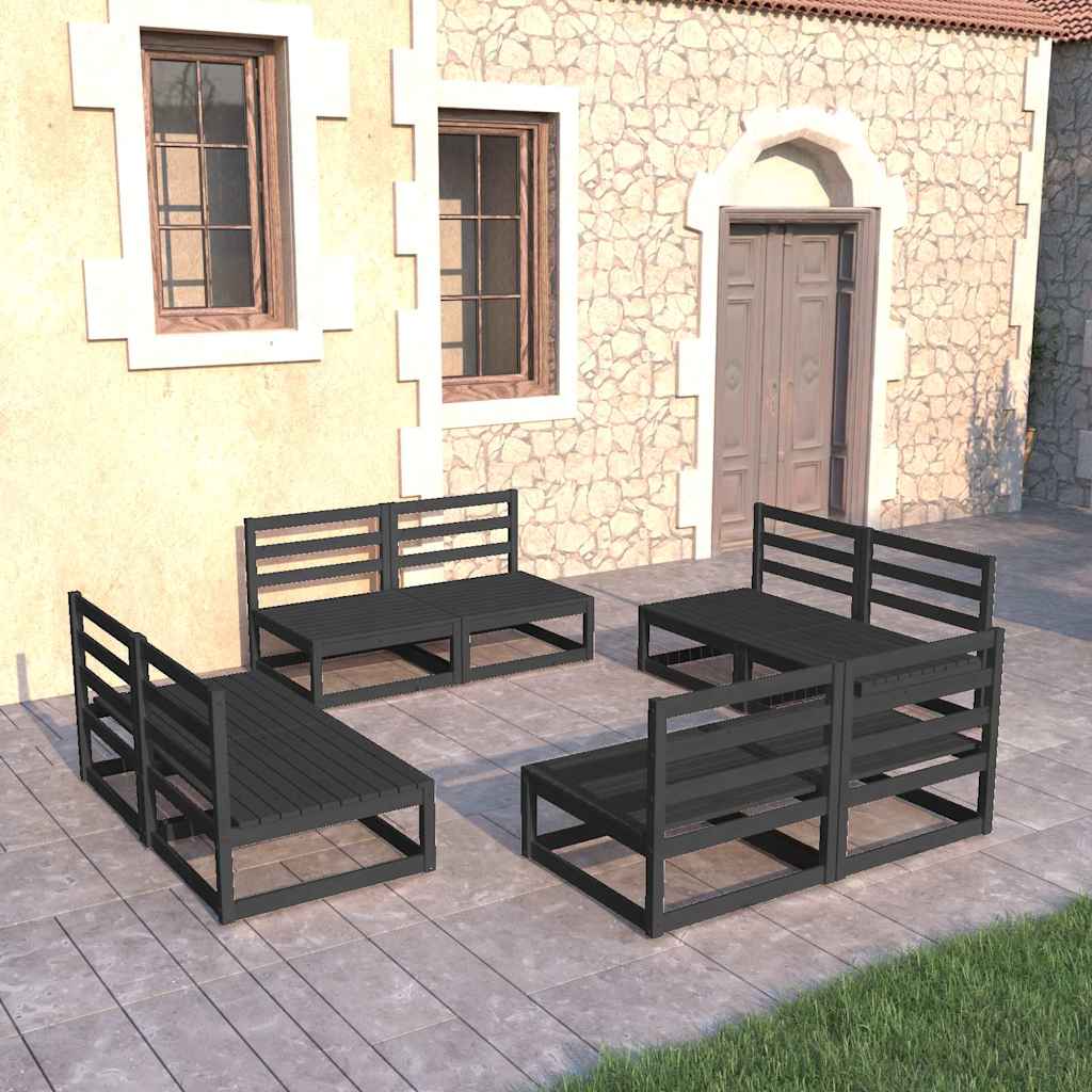 8 Piece Garden Lounge Set Black Solid Wood Pine