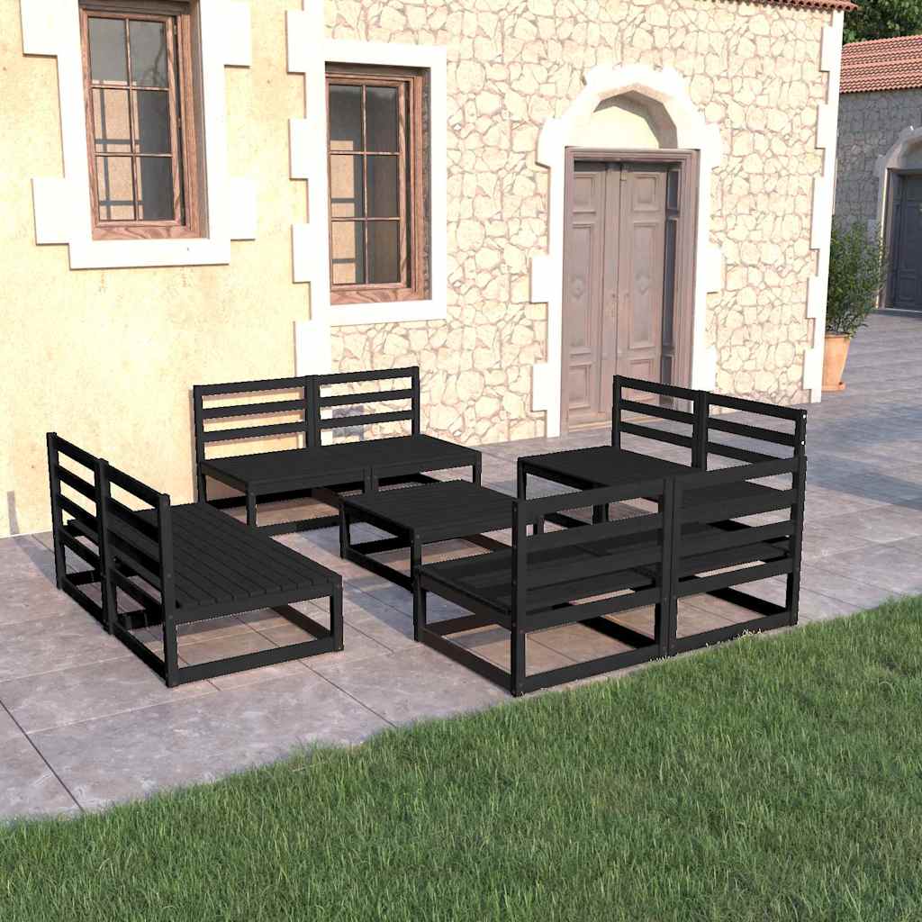 9 Piece Garden Lounge Set Black Solid Wood Pine