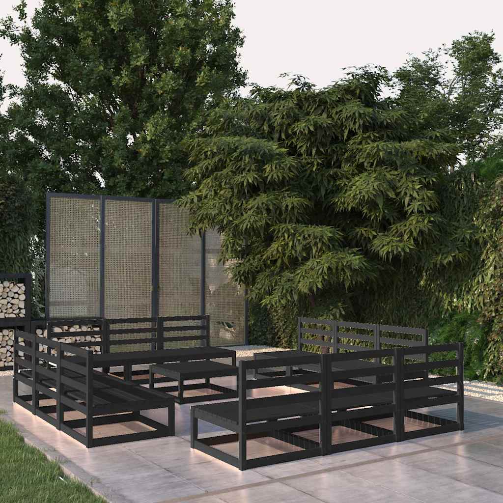 13 Piece Garden Lounge Set Black Solid Wood Pine