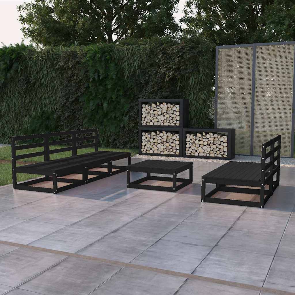 6 Piece Garden Lounge Set Black Solid Wood Pine