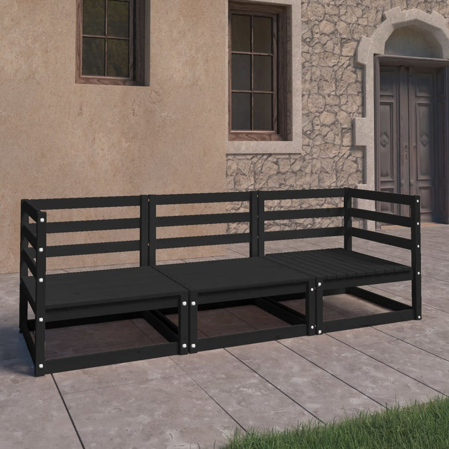 Garden 3-Seater Sofa Black Solid Wood Pine