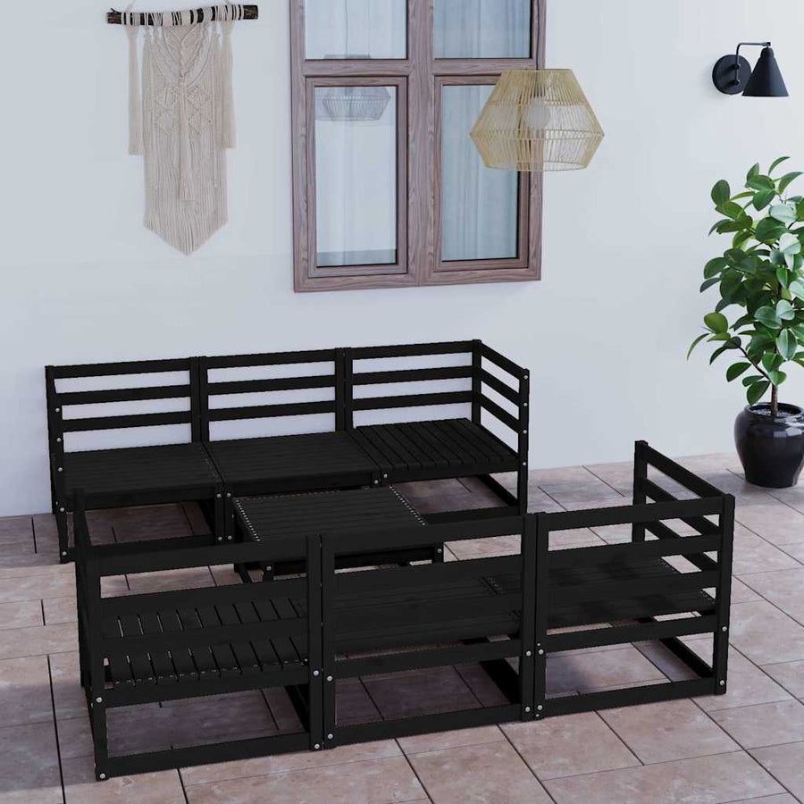 7 Piece Garden Lounge Set Black Solid Wood Pine