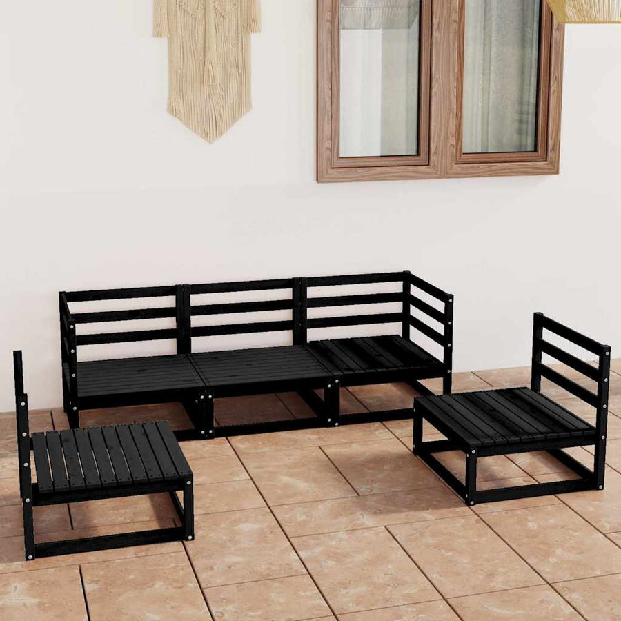 5 Piece Garden Lounge Set Black Solid Wood Pine