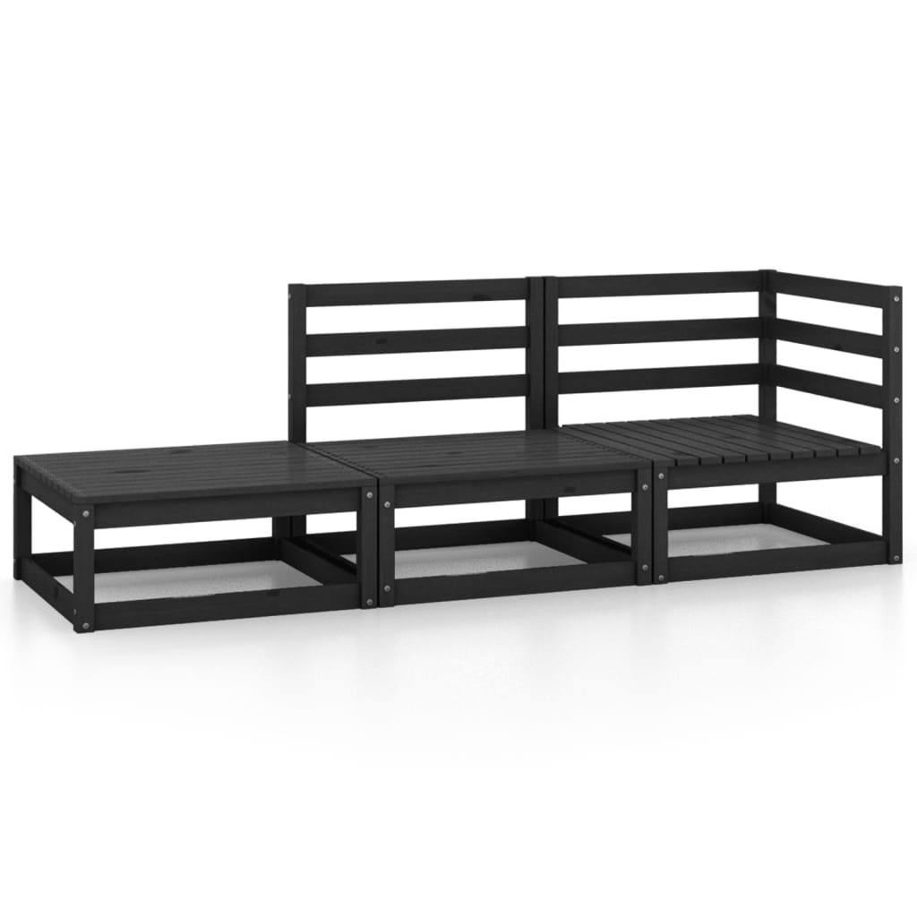 3 Piece Garden Lounge Set Black Solid Wood Pine