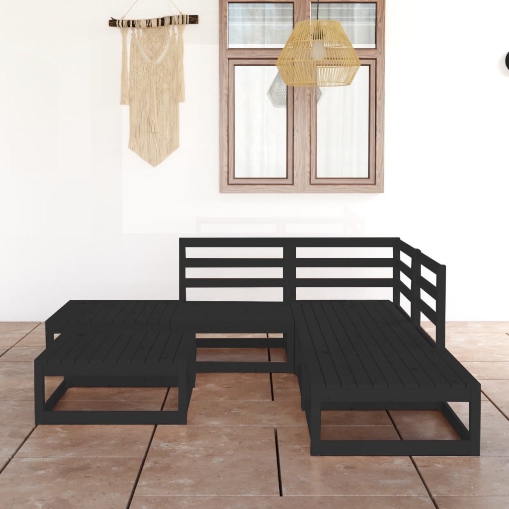 6 Piece Garden Lounge Set Black Solid Pinewood