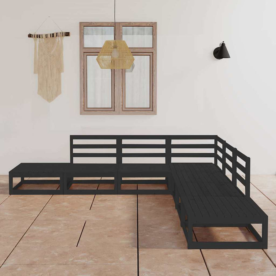 7 Piece Garden Lounge Set Black Solid Wood Pine