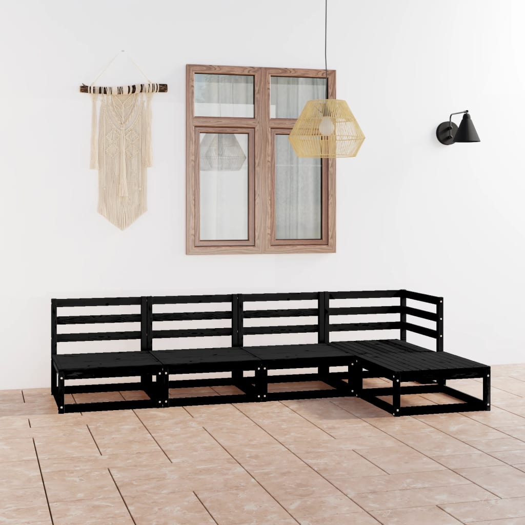 5 Piece Garden Lounge Set Black Solid Pinewood