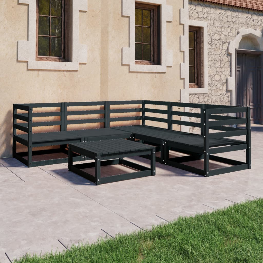 6 Piece Garden Lounge Set Black Solid Pinewood