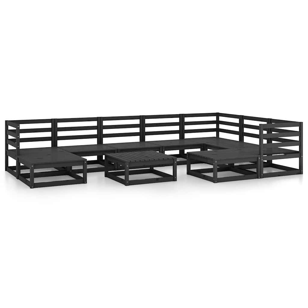 10 Piece Garden Lounge Set Black Solid Wood Pine