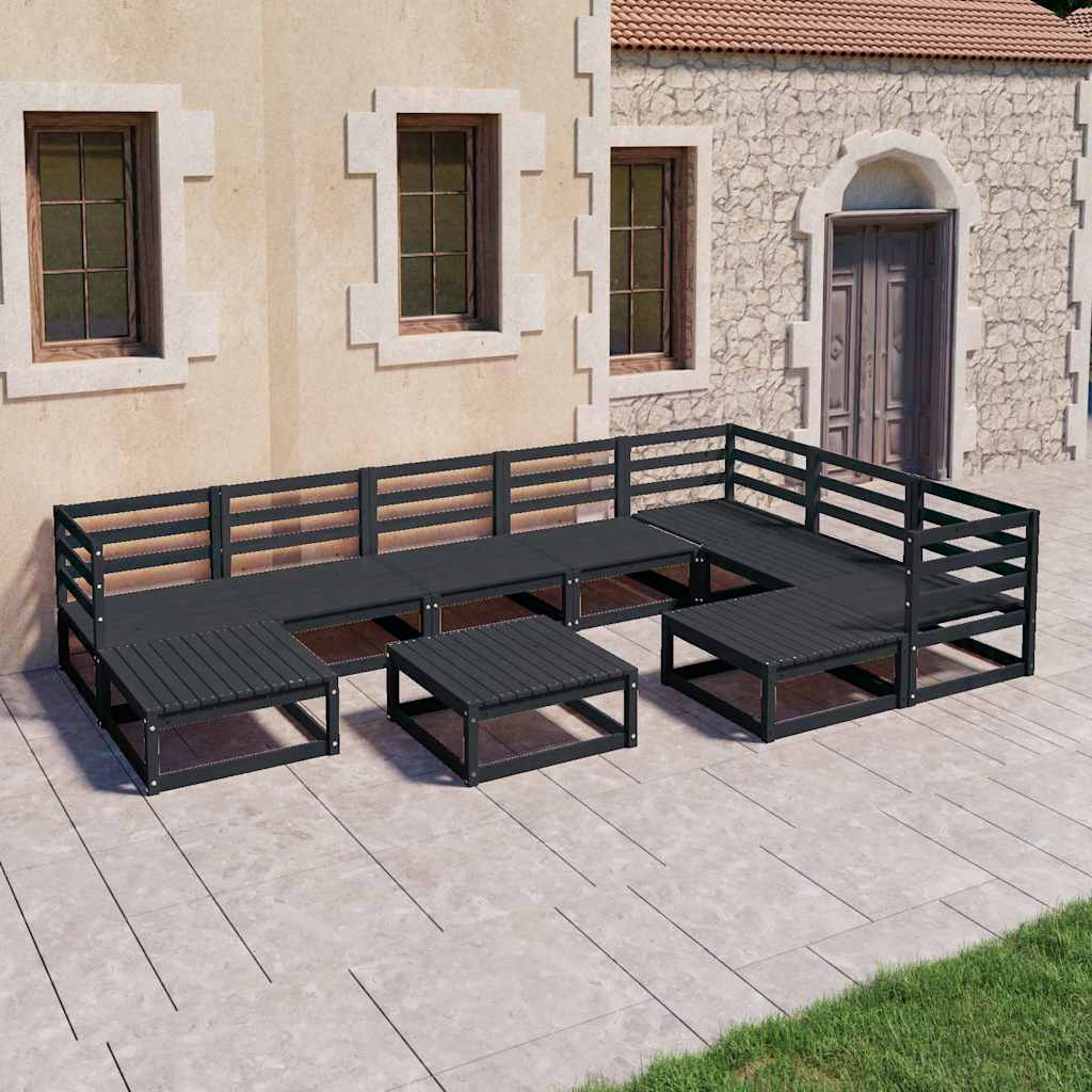 10 Piece Garden Lounge Set Black Solid Wood Pine