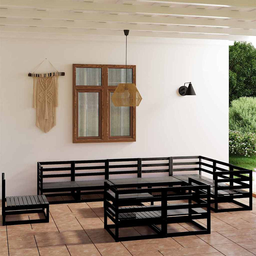 11 Piece Garden Lounge Set Black Solid Wood Pine