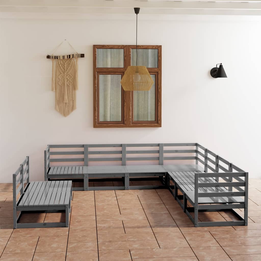 9 Piece Garden Lounge Set Grey Solid Wood Pine