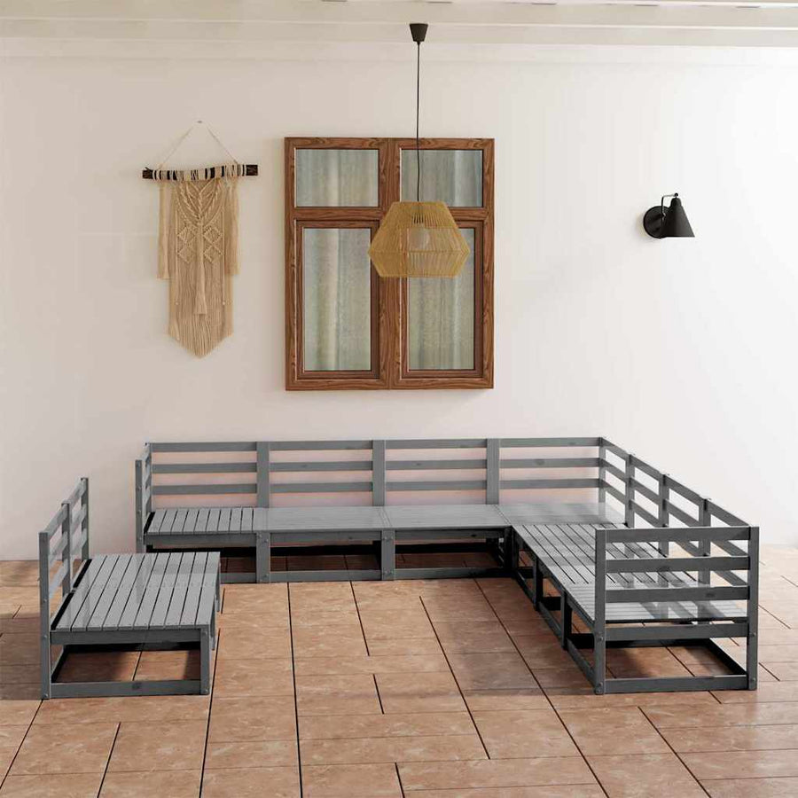 9 Piece Garden Lounge Set Grey Solid Wood Pine