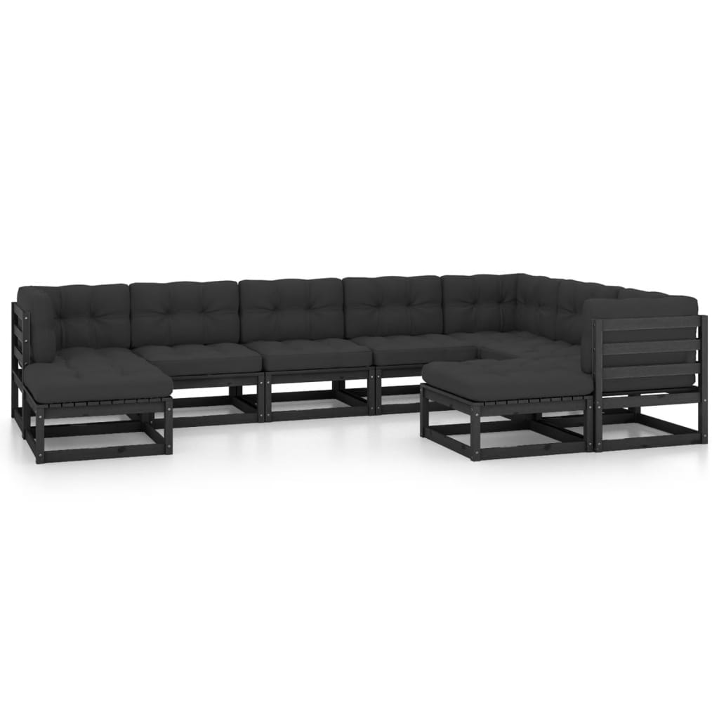 9 Piece Garden Lounge Set with Cushions Black Solid Pinewood