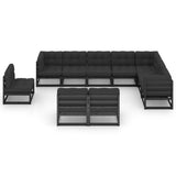 10 Piece Garden Lounge Set with Cushions Black Solid Pinewood - Front View