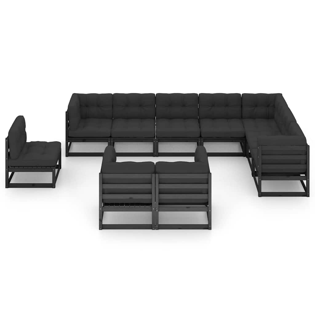 10 Piece Garden Lounge Set with Cushions Black Solid Pinewood