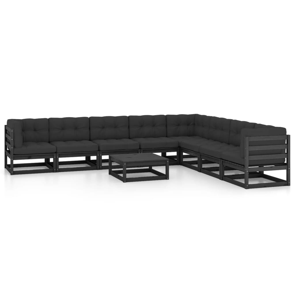 9 Piece Garden Lounge Set with Cushions Black Solid Pinewood