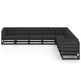 9 Piece Garden Lounge Set with Cushions Black Solid Pinewood - Front View
