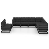 9 Piece Garden Lounge Set with Cushions Black Solid Pinewood - Front View