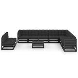 11 Piece Garden Lounge Set with Cushions Black Solid Pinewood - Front View