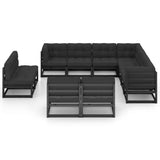 11 Piece Garden Lounge Set with Cushions Black Solid Pinewood - Front View