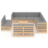12 Piece Garden Lounge Set with Cushions Solid Pinewood - Front View