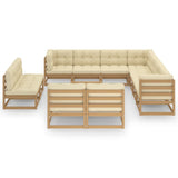 12 Piece Garden Lounge Set&Cushions Honey Brown Solid Pinewood - Front View