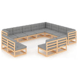 12 Piece Garden Lounge Set with Cushions Solid Pinewood - Front View
