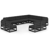 12 Piece Garden Lounge Set with Cushions Black Solid Pinewood - Front View