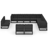 12 Piece Garden Lounge Set with Cushions Black Solid Pinewood - Side View