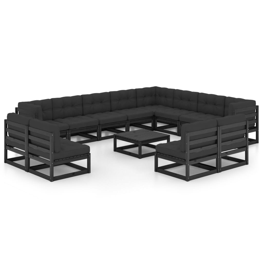 13 Piece Garden Lounge Set with Cushions Black Solid Pinewood