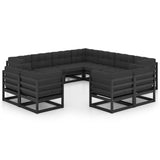 11 Piece Garden Lounge Set with Cushions Black Solid Pinewood - Front View