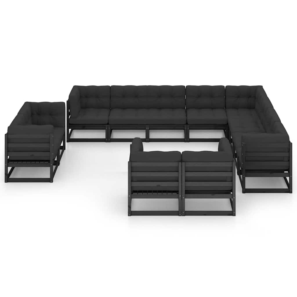 12 Piece Garden Lounge Set with Cushions Black Solid Pinewood