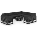 13 Piece Garden Lounge Set with Cushions Black Solid Pinewood - Front View