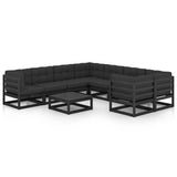 9 Piece Garden Lounge Set with Cushions Black Solid Pinewood - Front View