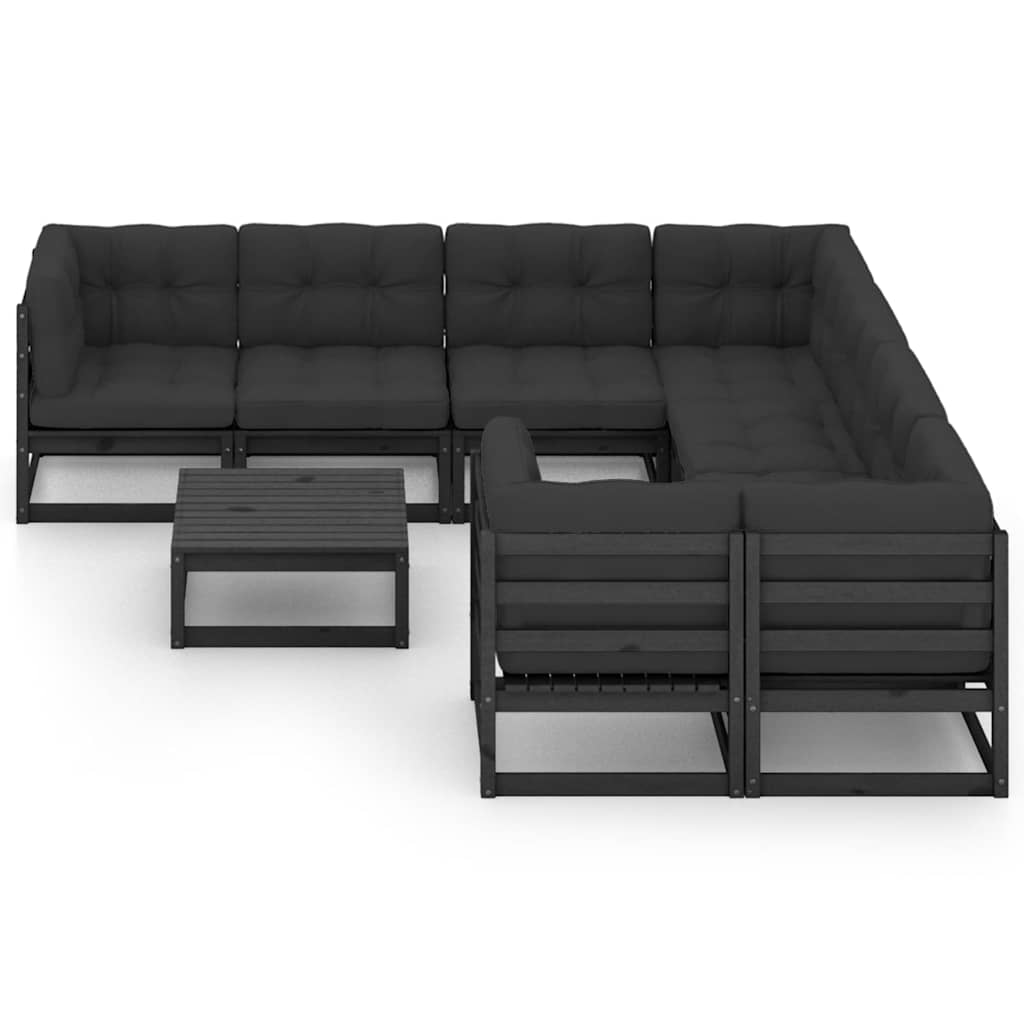 9 Piece Garden Lounge Set with Cushions Black Solid Pinewood