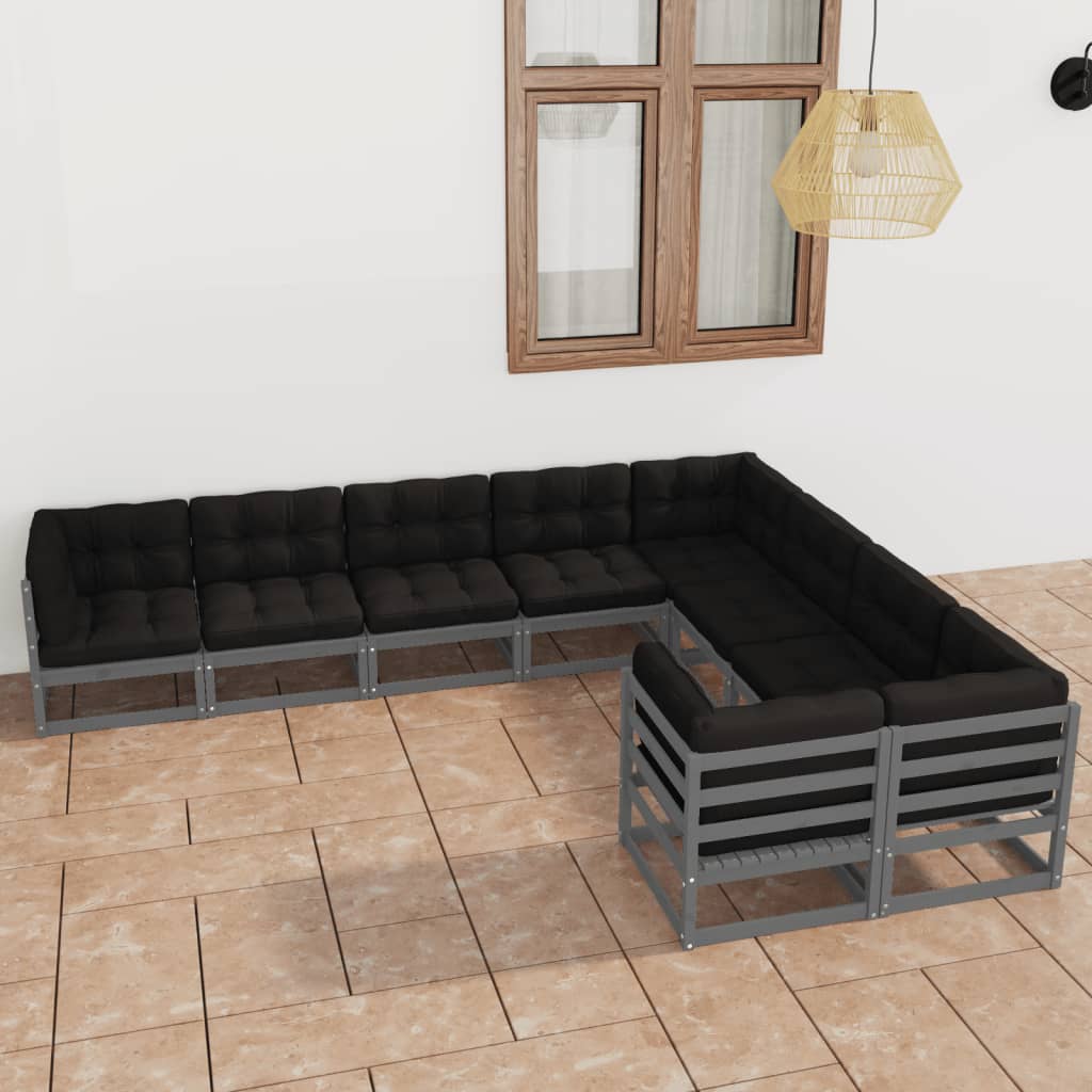9 Piece Garden Lounge Set with Cushions Grey Solid Pinewood