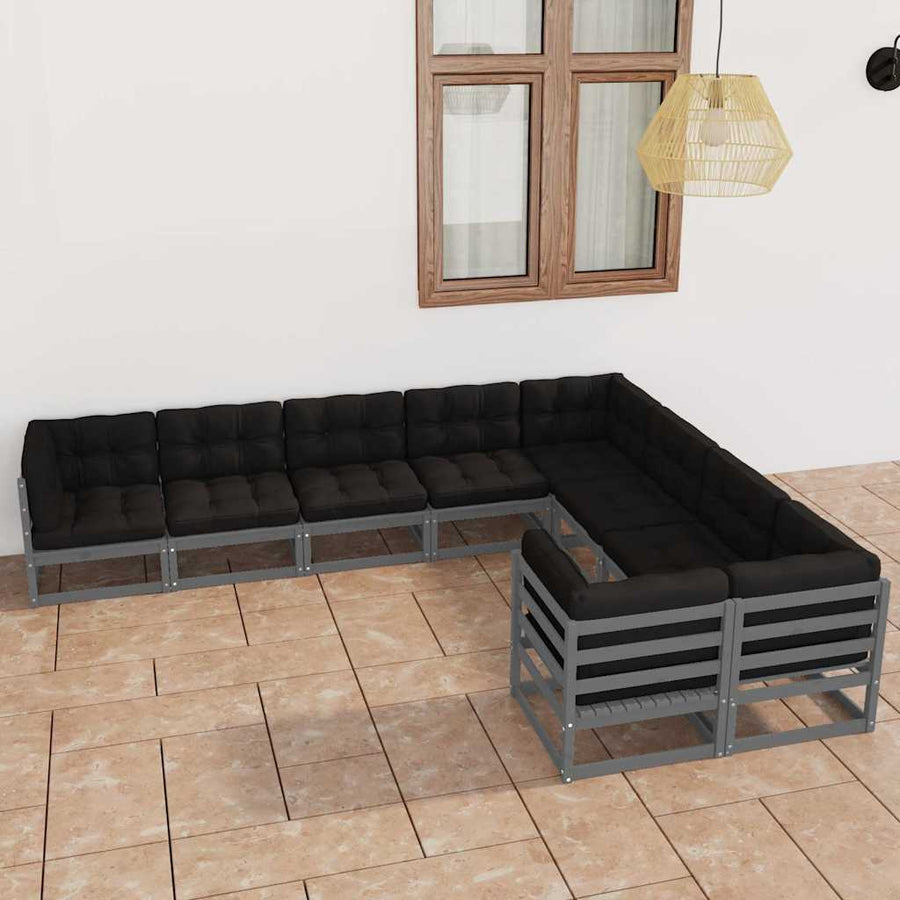 9 Piece Garden Lounge Set with Cushions Grey Solid Pinewood