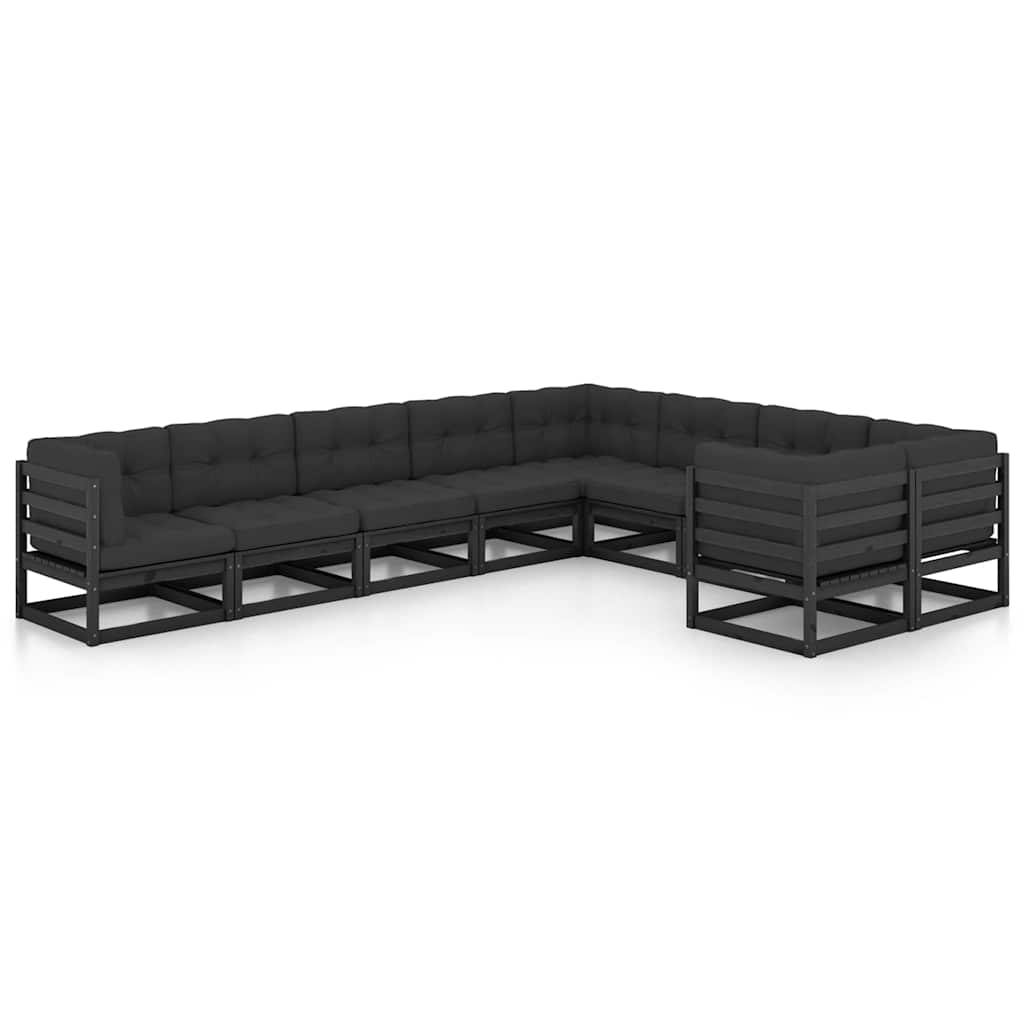 9 Piece Garden Lounge Set with Cushions Black Solid Pinewood