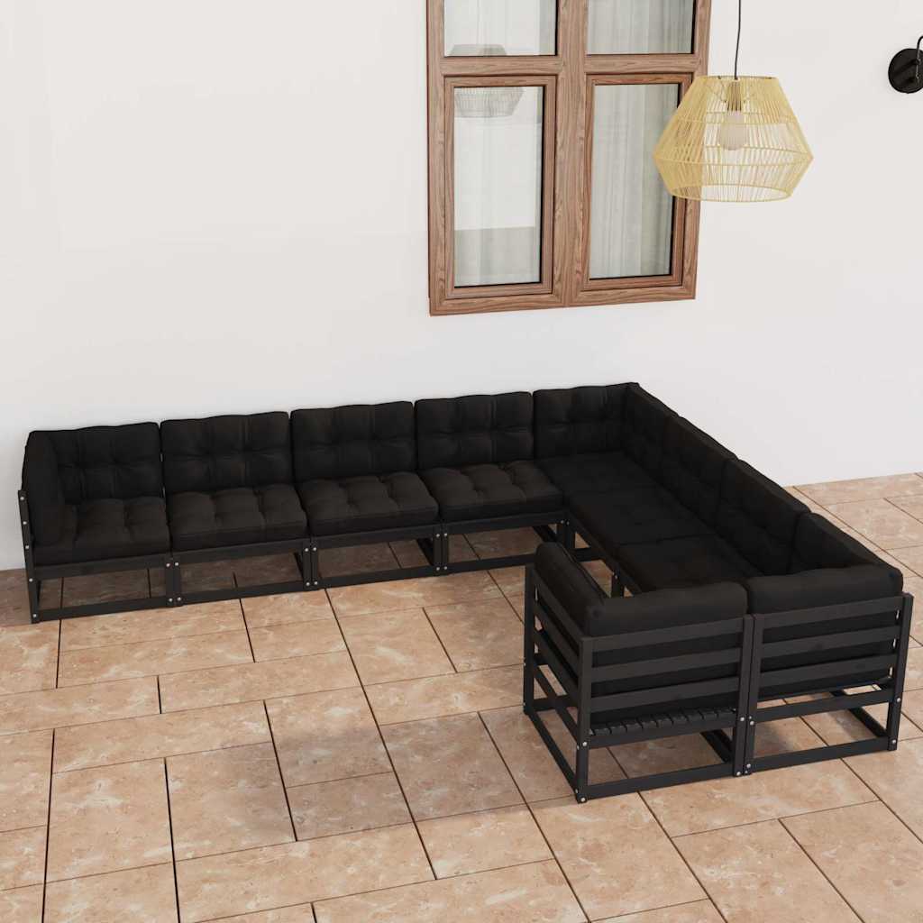 9 Piece Garden Lounge Set with Cushions Black Solid Pinewood